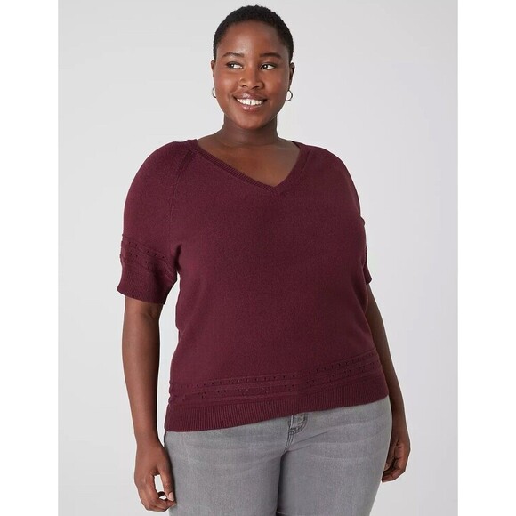 NWT Lane Bryant Short-Sleeve V-Neck Sweater Tee Berry Color Soft Size 22/24 - Picture 1 of 7